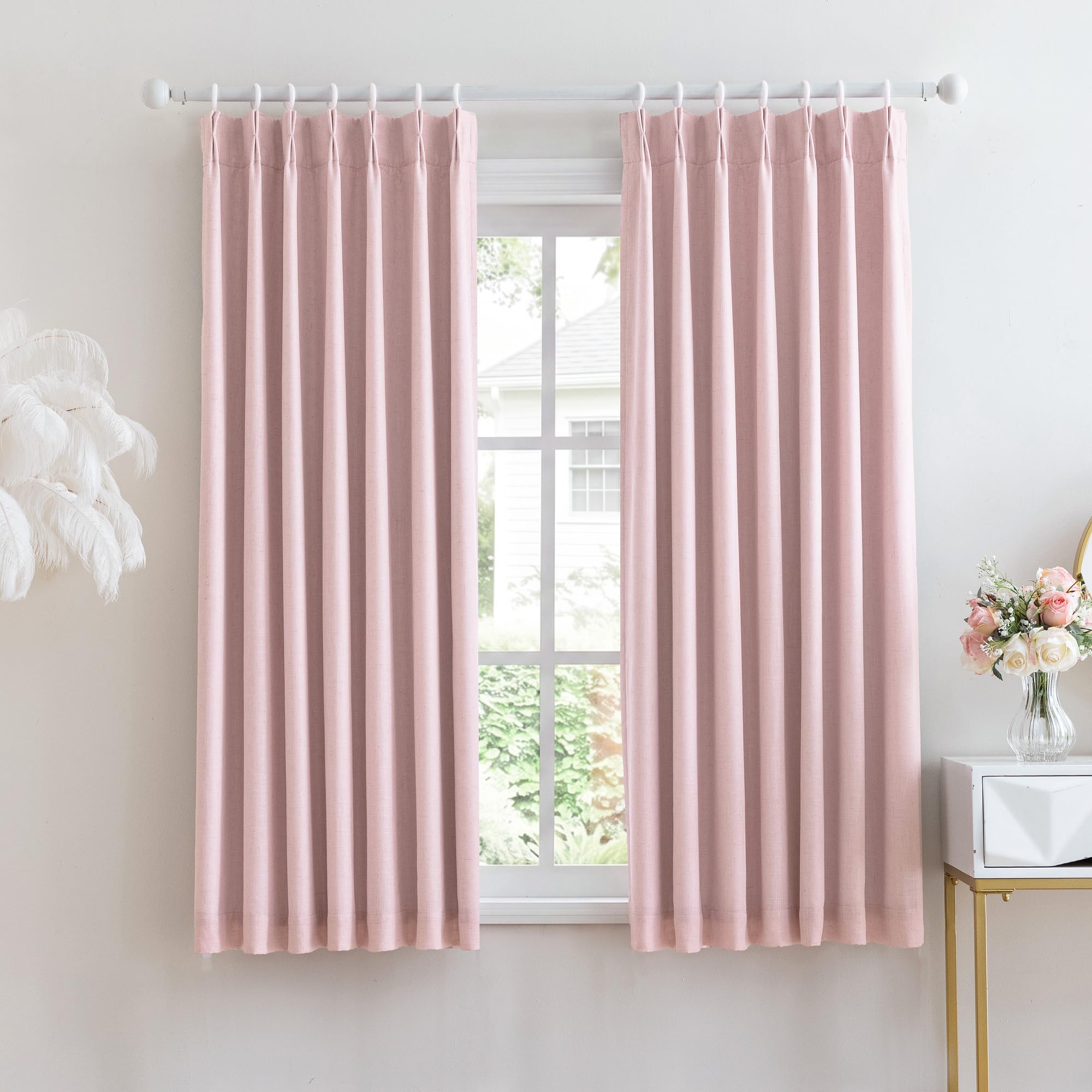 MYSKY HOME Pink Linen Pinch Pleated 100% Blackout Curtains 40Wx63L,2 Panels