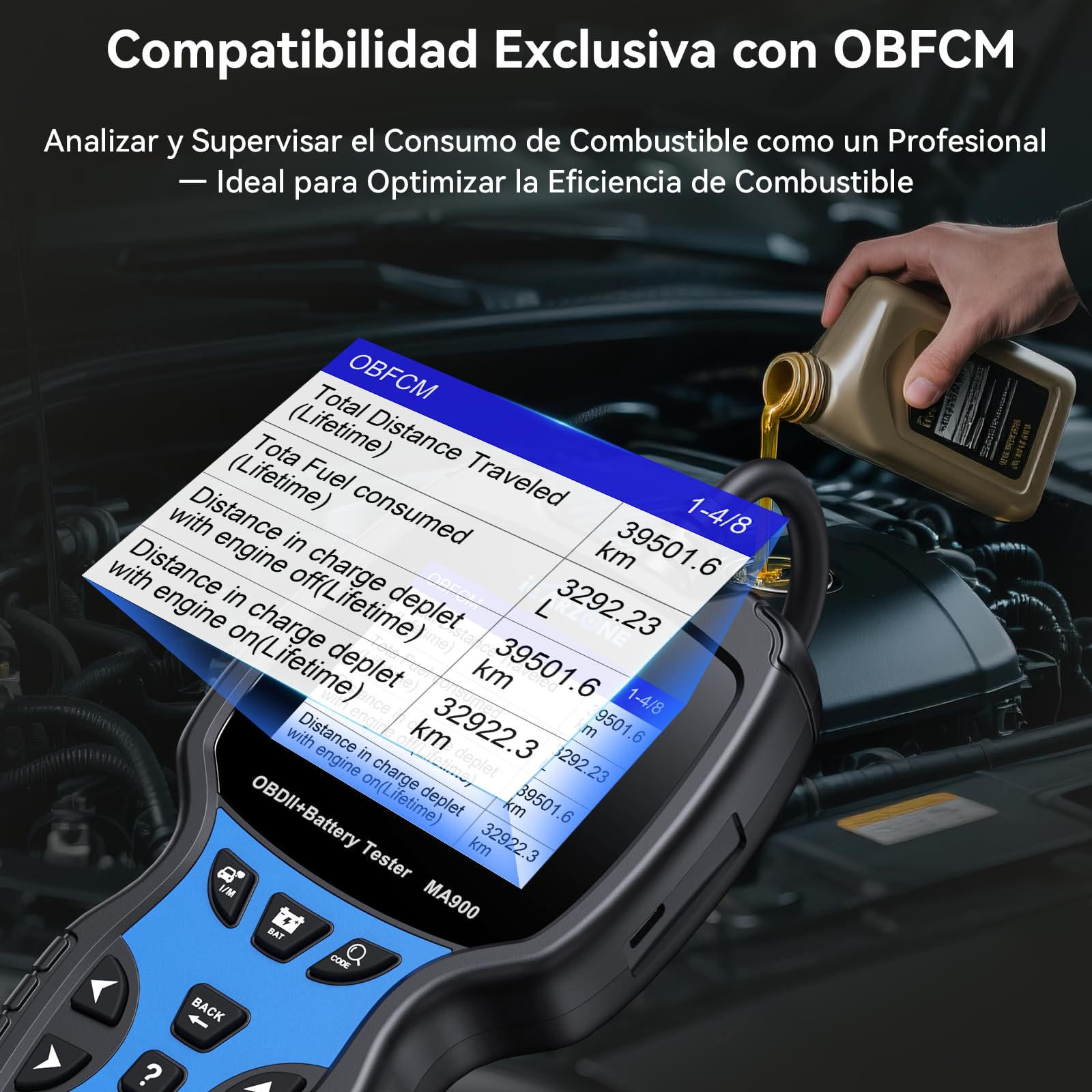 MA900 Comprobador de Batería Coche + Escáner OBD2 -Test de Descarga, Test de Corriente de Arranque, Test de Carga, Función de Lectura para OBFCM, Leer/Borrar Códigos, Datos en Tiempo Real-12V/24V