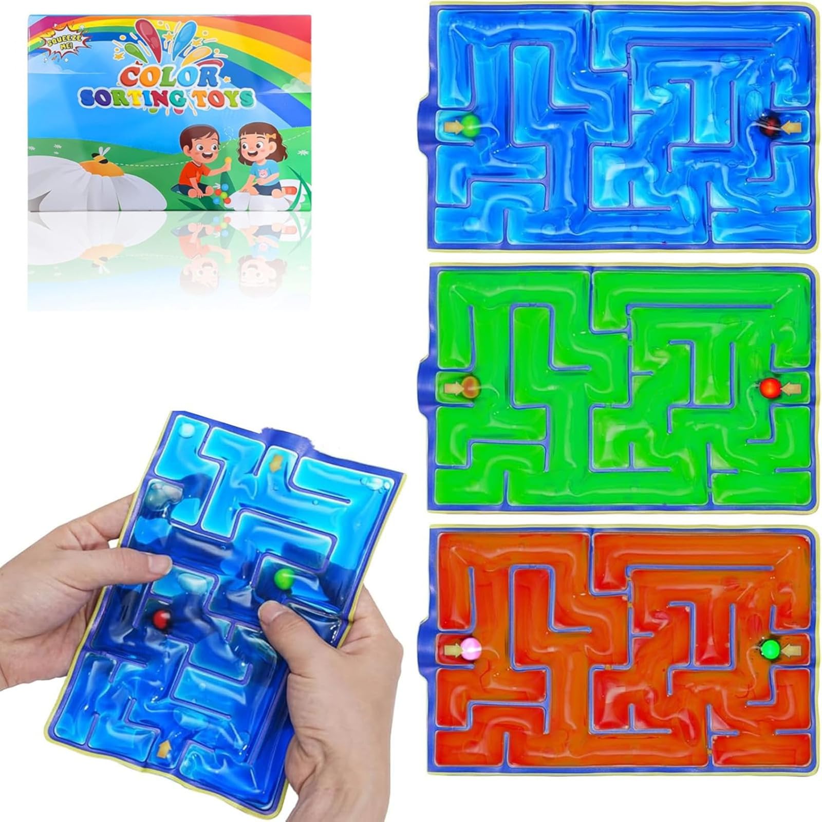 Zabawka sensoryczna z labiryntem, żelowa, antystresowa, autystyczna, dla dzieci, młodzieży, Fidget Squishy Toy Anxiety ADHD (zielona, czerwona i niebieska)