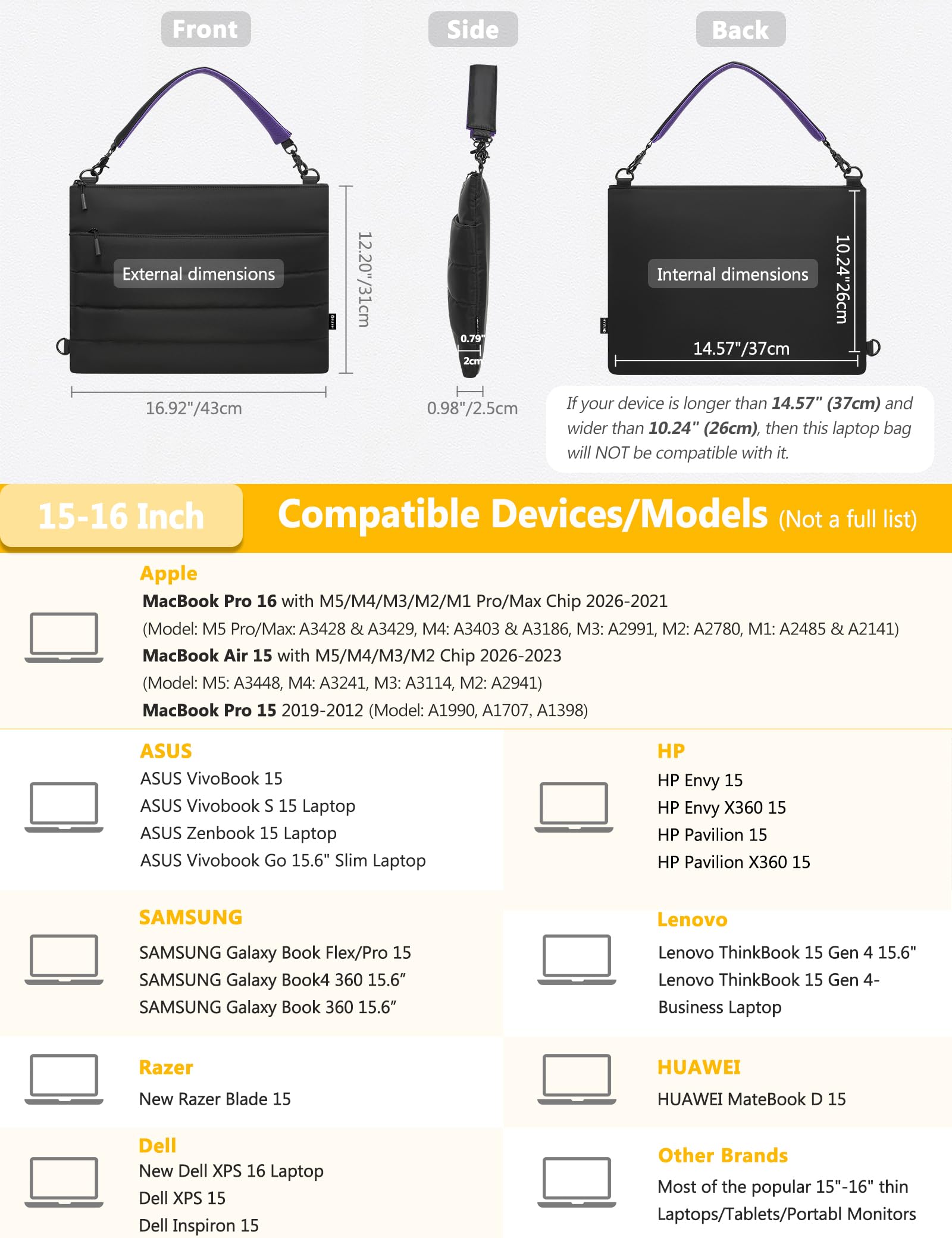 HYZUO 15-16 Pollici Custodia per Laptop per MacBook Pro 16 M5-M1 A3428 A3429, MacBook Pro/Air 15, 15" 15,6" Dell/HP/Lenovo/Asus/Acer Notebook, Borsa a Tracolla Donna Lavoro Quotidiano Mano, Nero