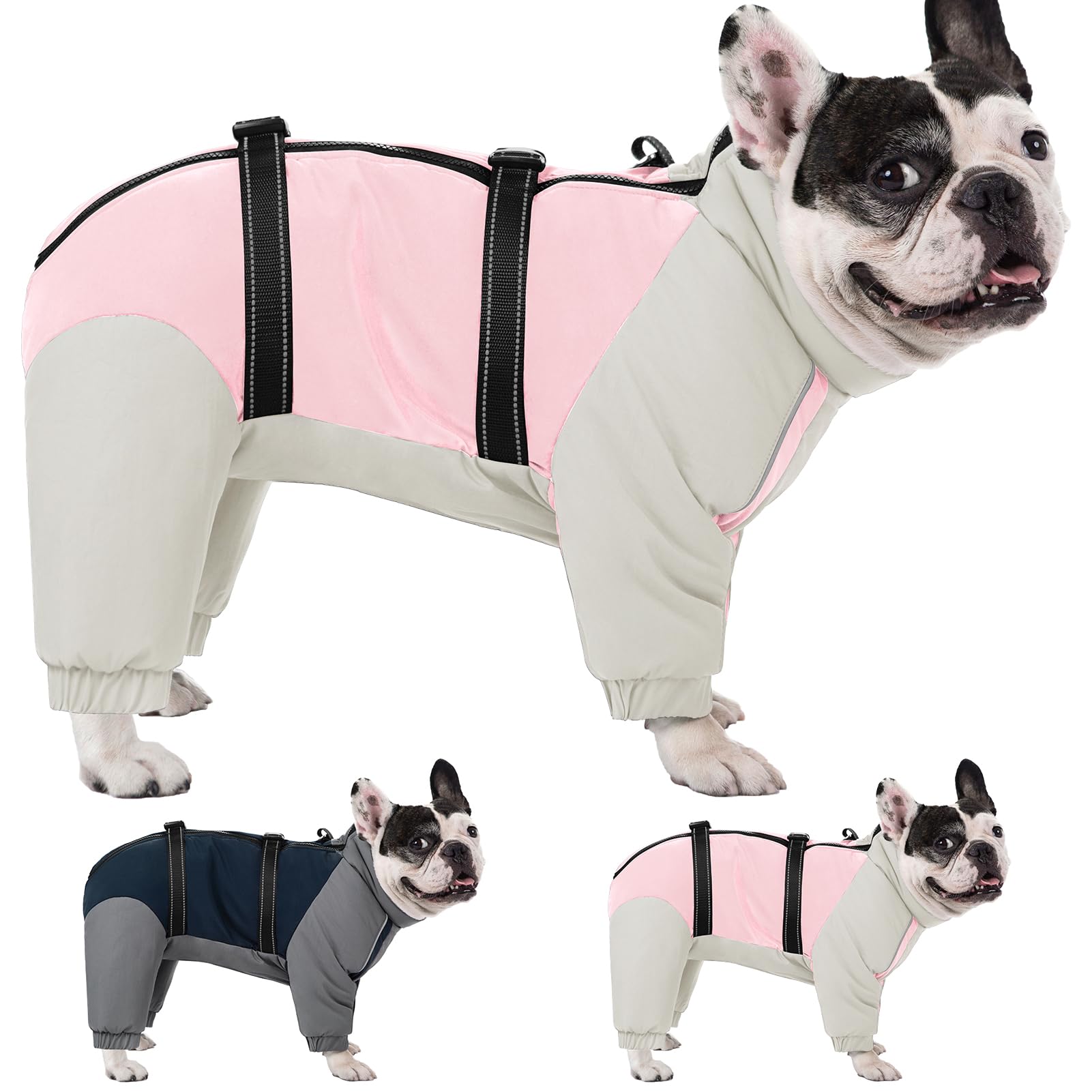 KOESON Four Legged Dog Winter Coat, Warm Small Dog Jacket Dog Coats with Adjustable Buckles, Turtleneck Windproof Dog Fleece Jackets Reflective Fullbody Dog Snowsuit Puffer Coat Pink Grey S