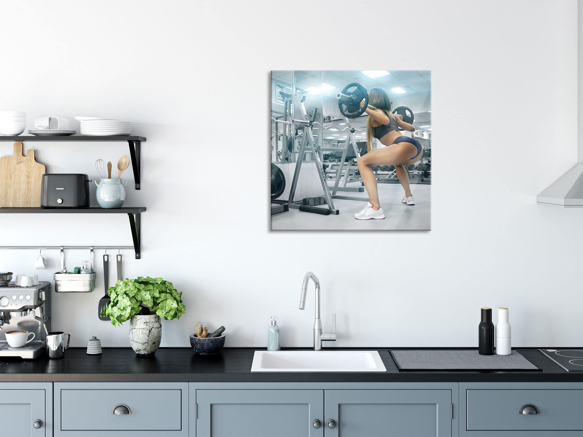 Pixxprint Tableau en verre - Décoration murale sur verre véritable - Femme sportive avec barre d'haltère - 70 x 70 cm - Avec suspension et entretoises