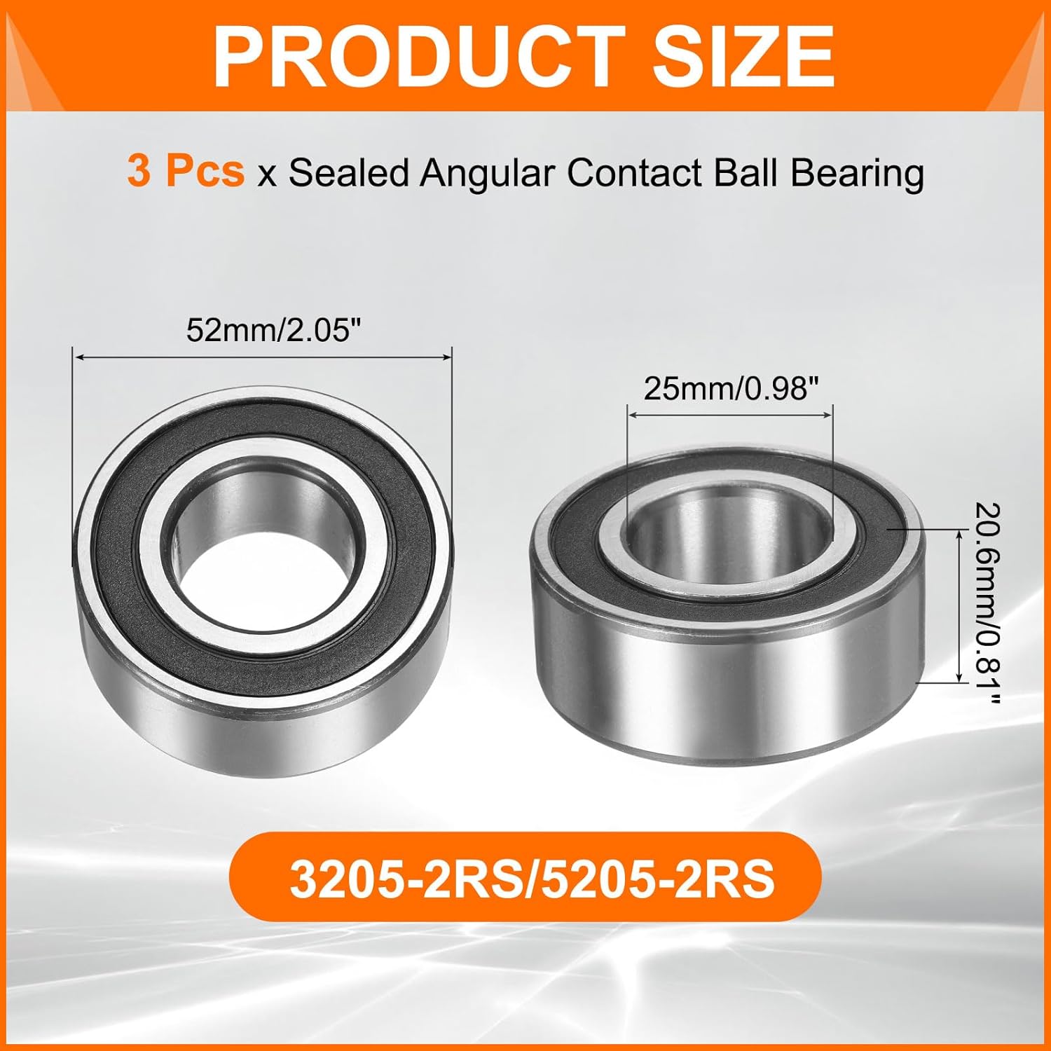 uxcell 3Pcs 3205-2RS/5205-2RS Double Row Sealed Angular Contact Ball Bearing, 25 x 52 x 20.6mm Ball Bearings for Electric Motor, Pumps, Compressors, Agricultural Machinery