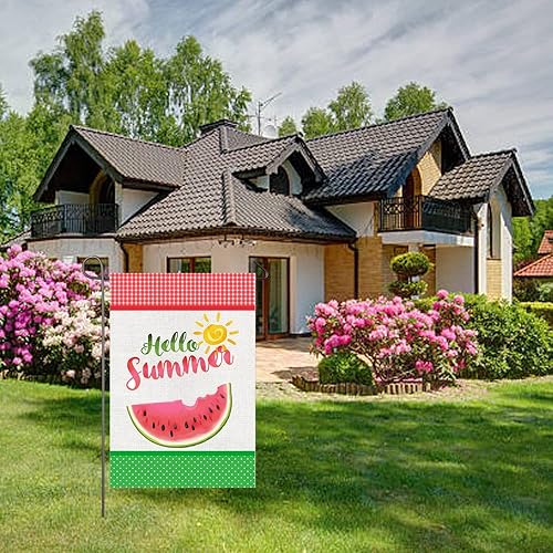 Miniatura 6 de Bandera de jardín de verano de 12 x 18 pulgadas, bandera de jardín de sandía de doble cara, bandera de arpillera a cuadros, banderas de verano para