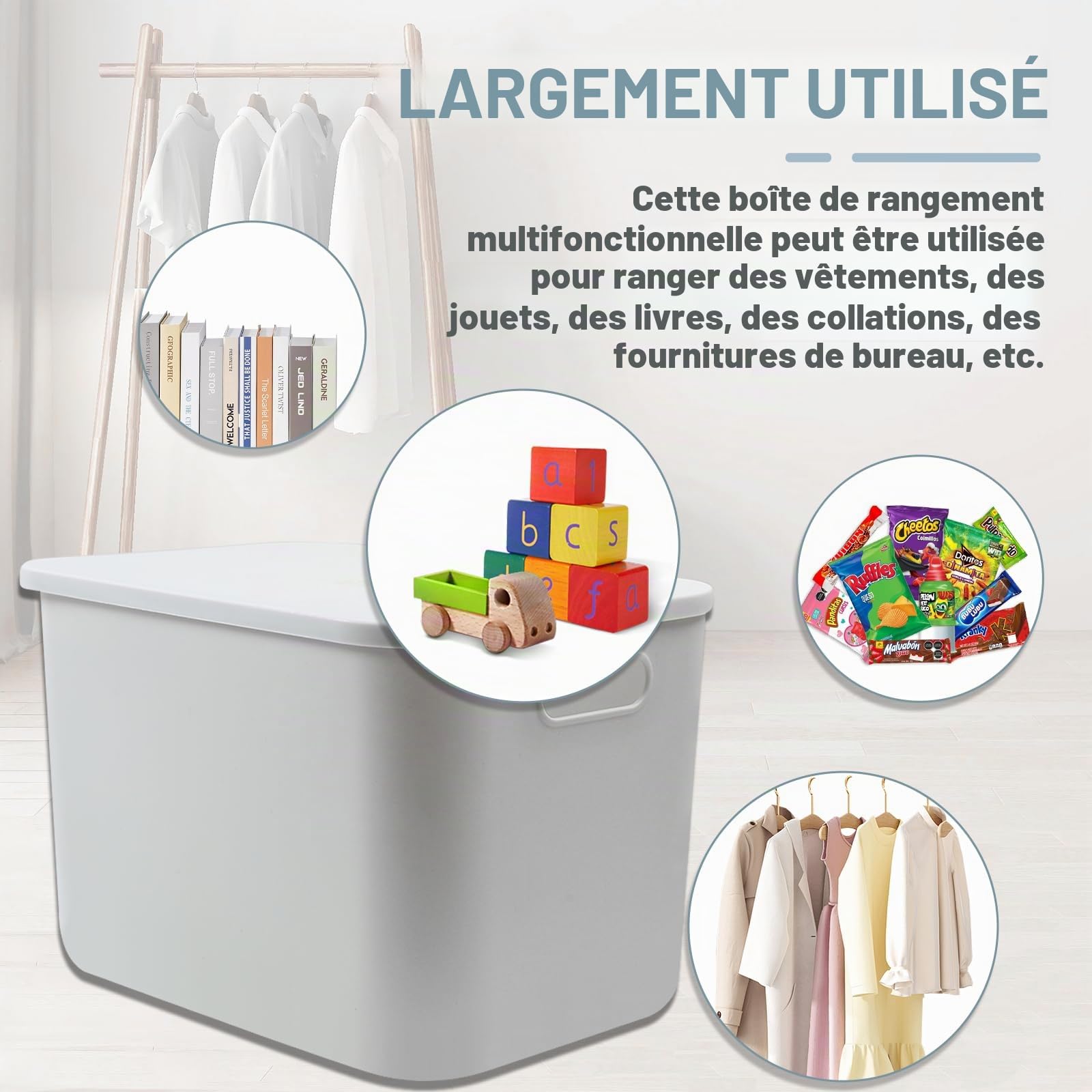 Lot de 4 boîtes de rangement en plastique de 23 l avec couvercle, 37 x 26 x 24 cm, boîtes de rangement empilables avec poignées, polyvalentes, blanches, pour salle de bain, cuisine, bureau