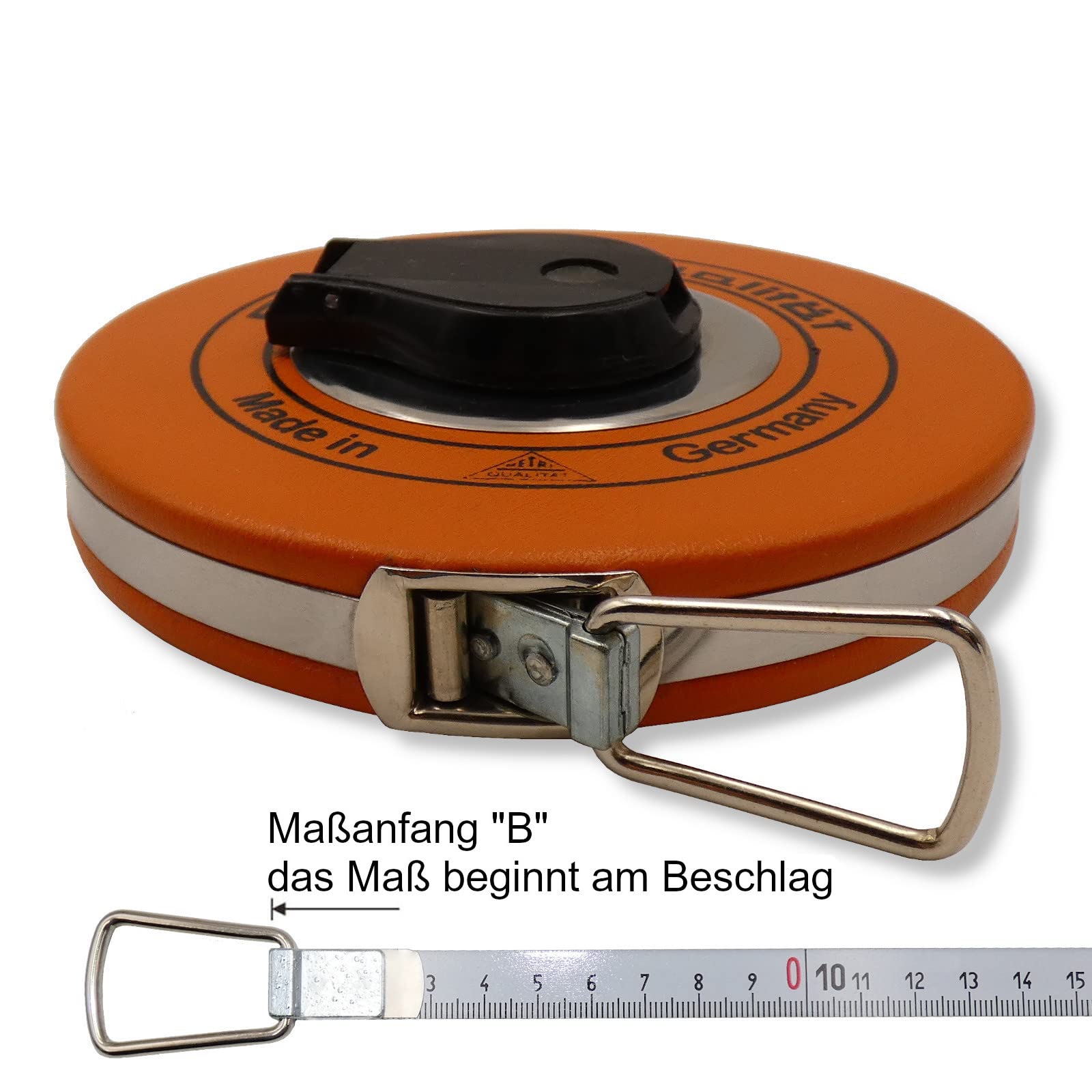 Mètre Ruban Professionnel 50 m en Acier – Graduation Millimétrique, Rétractable, Boîtier Métallique Robuste, Revêtement Anticorrosion avec Laque Blanche – Début De Mesure “B”