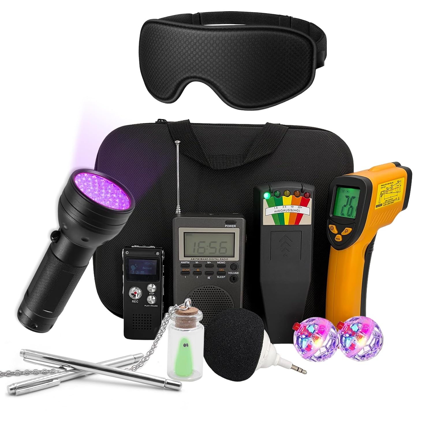 12 in 1 Ghost Hunting Equipment kit,Complete Paranormal Investigation Set with Ghost Box,Temperature Gun,emf Meter,EVP Recorder,uv Flashlight,dowsing rods,cat Balls,Speaker and Blindfold