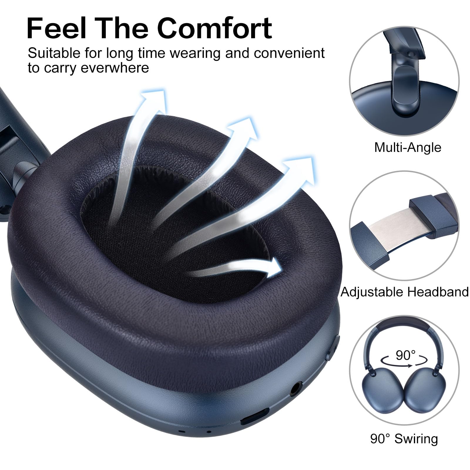 RORSOU C6 Cuffie con Cancellazione Attiva del Rumore, Cuffie Wireless Over Ear Bluetooth, Cuffie Leggere Piegevoli con Cupole Profonde per Bassi Comfort e Microfono Blu