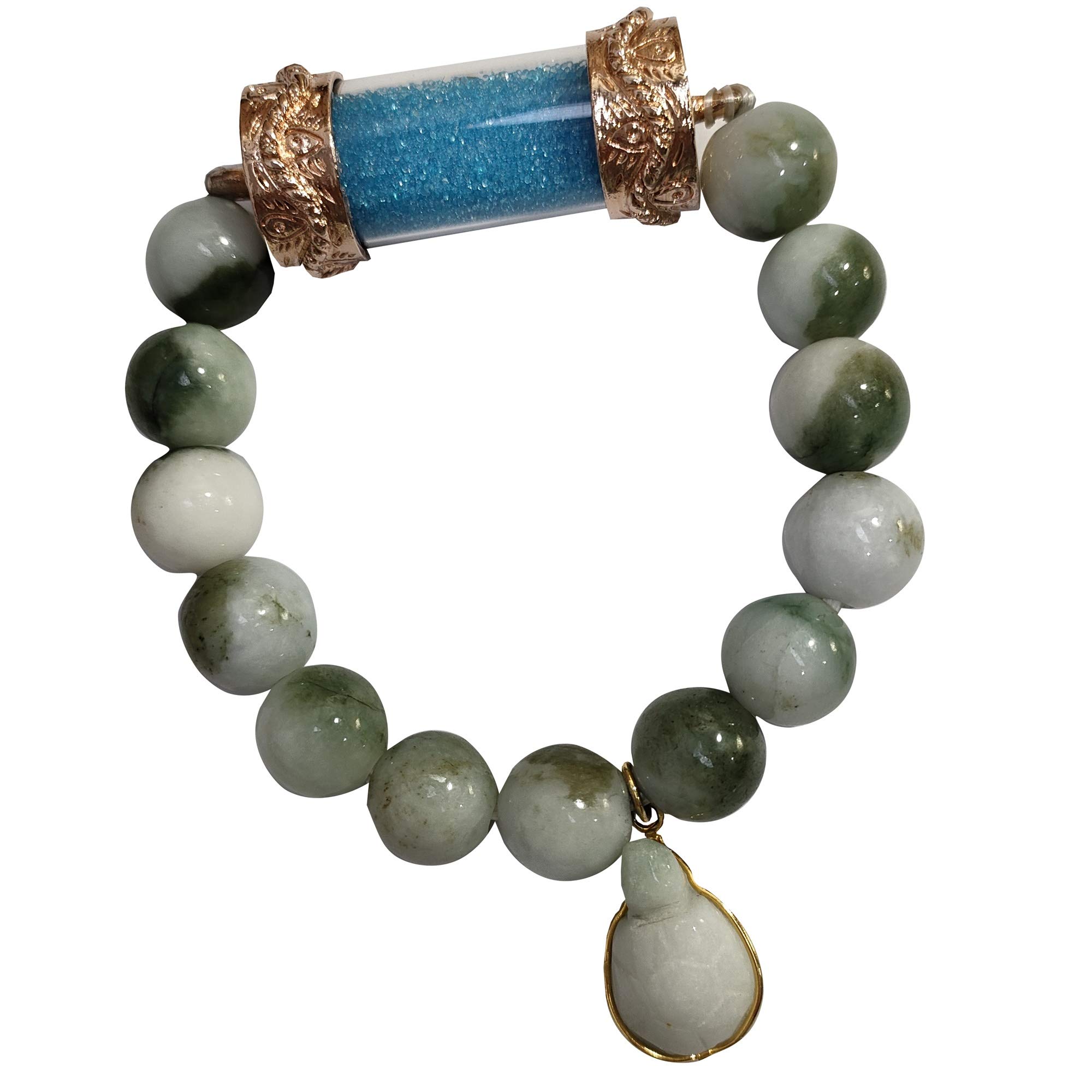 Amulet Buddha Natural Premium Grade Green Stone Longevity Turtle Thai for Women Men Charms Bangle with Pendant Holy Sarira Phra Tath Blue Powerful Prosperity Success for Chubby People 7.25 inch