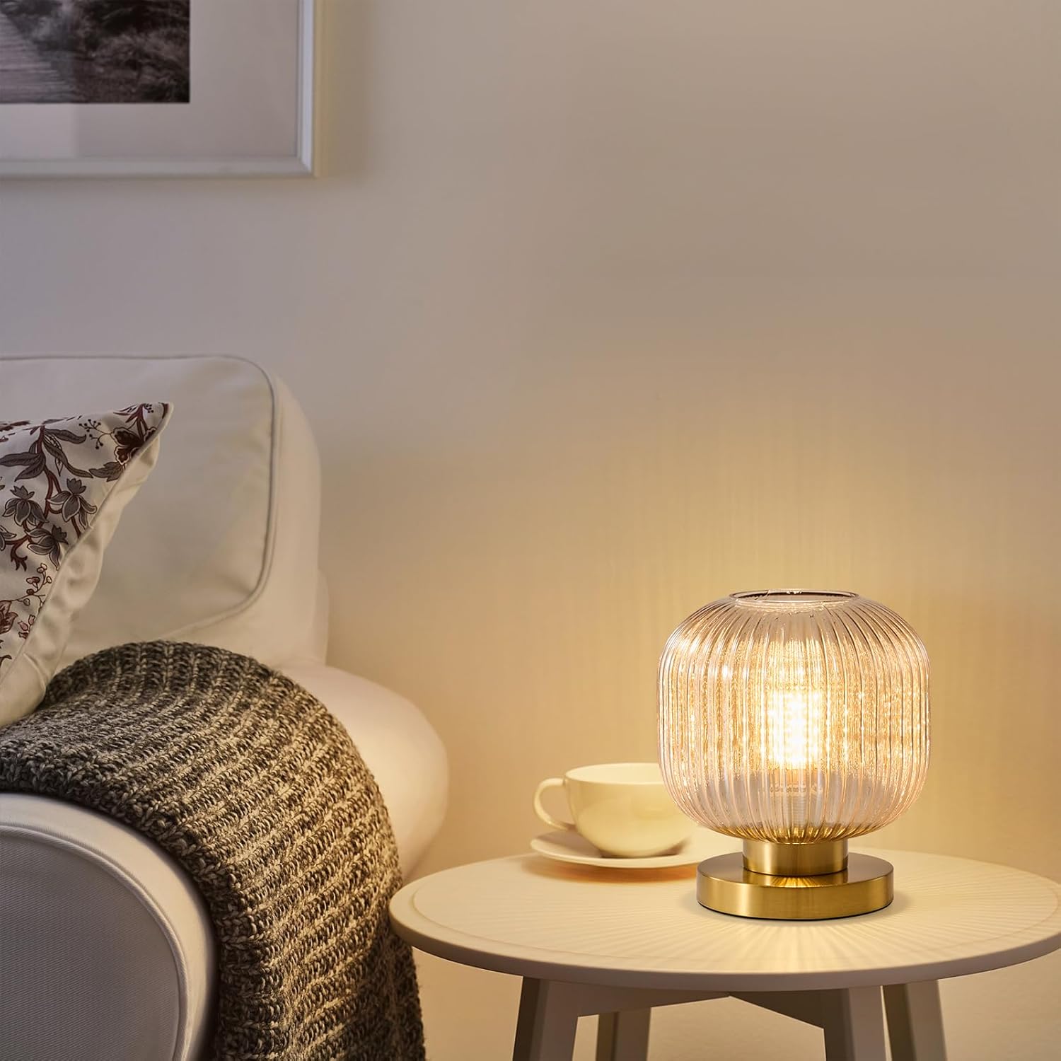 Mid Century Globe Table Lamp: Amber Vintage Pumpkin Ribbed Glass Dimmable Plug in Bedside Lamps - Cute Brass Gold Modern Side Table Lamp Nightstand Light for Bedroom Entryway Office Desk Living Room