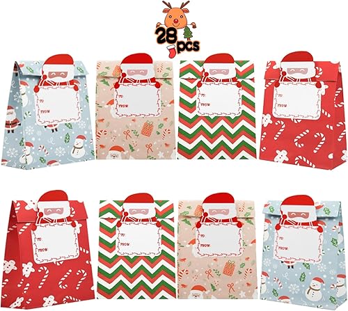 28 bolsas de regalo de Navidad, pequeñas bolsas de papel de regalo para niños, diseños surtidos de galletas de Navidad, bolsas de dulces con