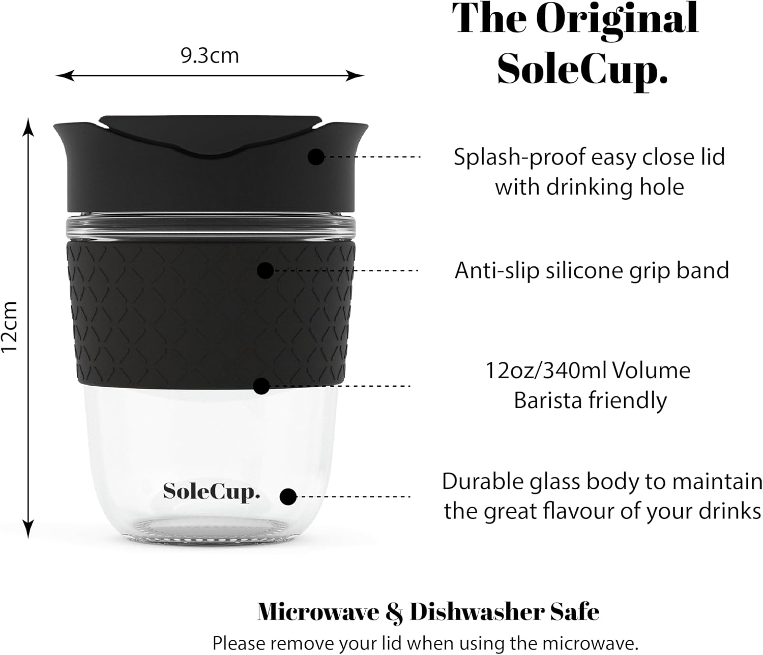 Reusable Strengthened Glass Travel Cup - Spill Proof Insulated Coffee Mug - 12oz/340ml BPA-Free Hot Drink Travel Mug with Lid & Silicone Band (Black, 12oz) - Image 2