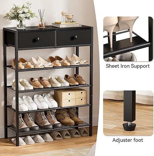 Miniatura 6 de Zapatero para entrada, organizador de zapatos de 5 niveles con 2 cajones no tejidos, estante de almacenamiento de metal para 16-20 pares de zapatos,