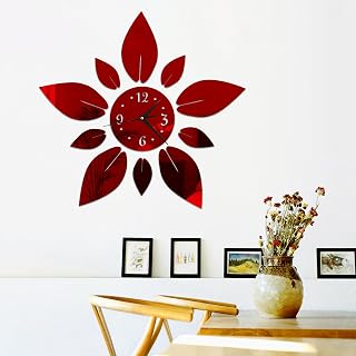 Modern Flowers Digital 3D Large Wall Clock Mirror Stickers Self-Adhesive Acrylic Crystal Mirror Decals DIY Silent Petal Combo Art Wall Clocks Decoration for Home Apartment Office (Red)