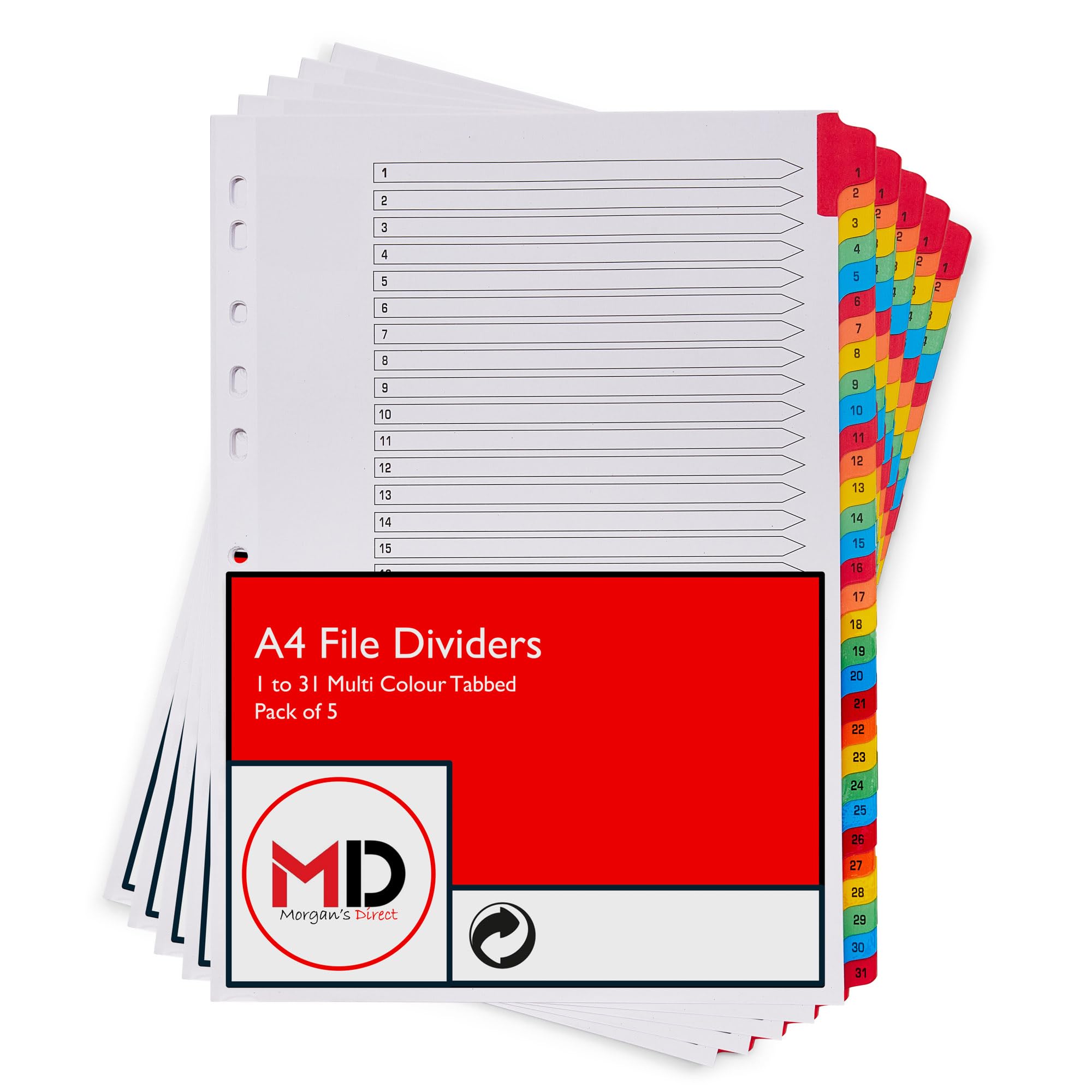 A4 1-31 File Dividers with Coloured Numbered Index Tabs - Multi Hole Punched and Reinforced Subject Divider - Pack of 5 โ image 1