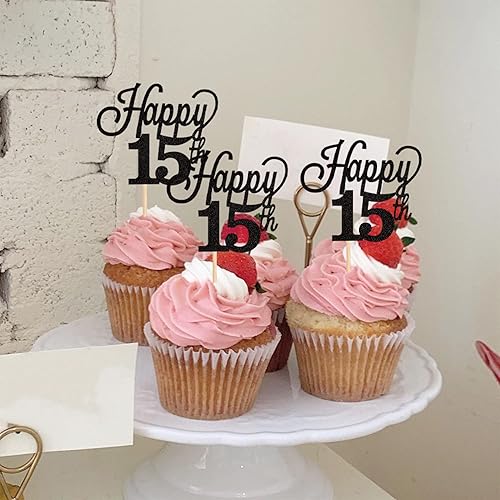 Miniatura 3 de Paquete de 24 adornos para cupcakes con purpurina número 15, quince cumpleaños, decoración para cupcakes de cumpleaños 15, suministros de fiesta