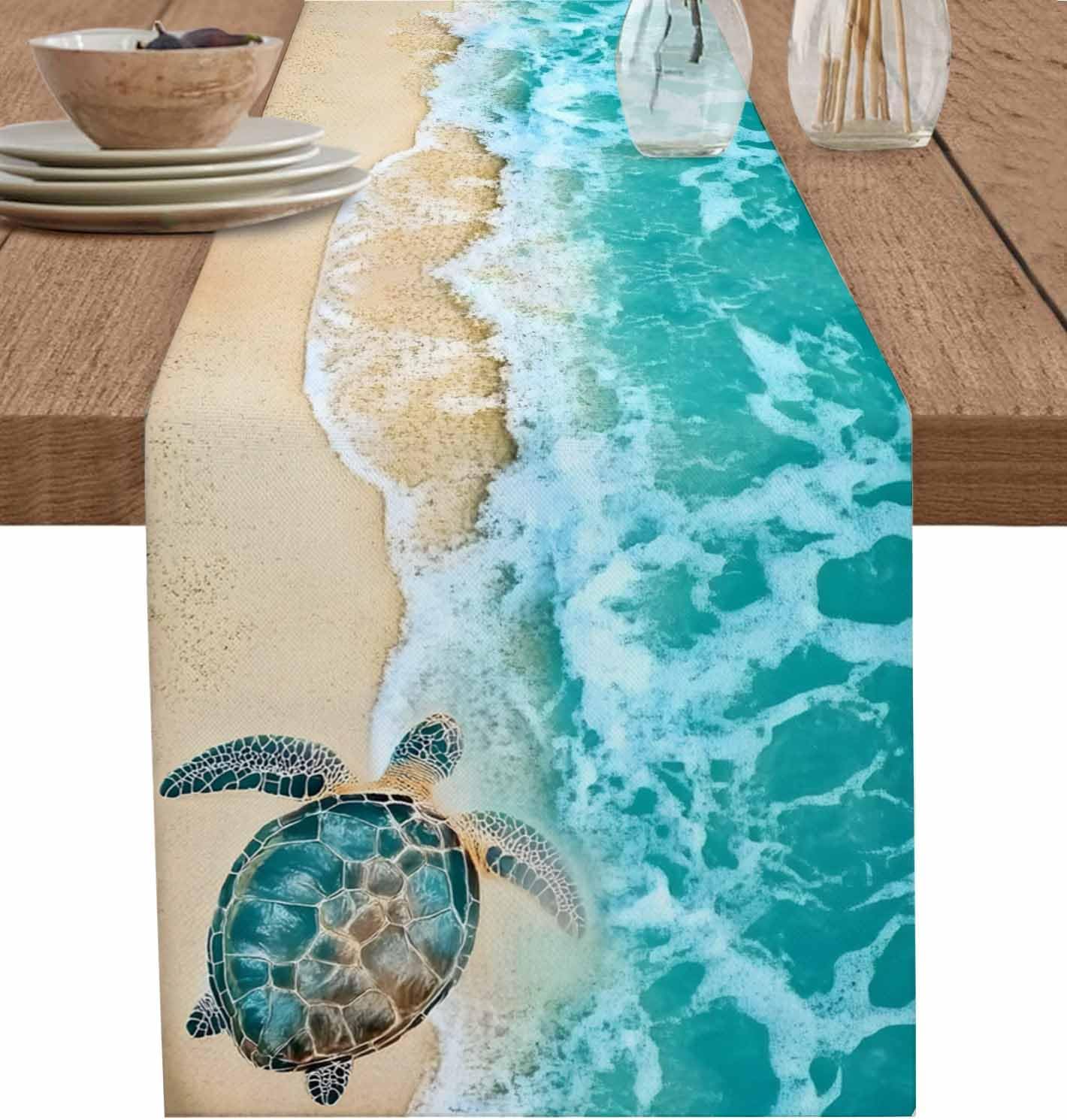 Ocean Turtle Table Runner Dresser Scarf Nautical Turquoise Sea Turtle Beach Wave 13 x 90 Inch Table Runners Non-Slip Heat Kitchen Dining Seasonal Tabletop Cover for Indoor Outdoor Party Decoration