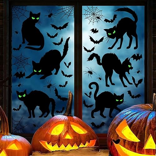 Decoración de Halloween para ventana de gato negro, espeluznante casa embrujada, murciélagos, telaraña, calcomanías aterradoras, silueta extraíble