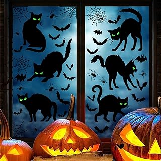Halloween Black Cat Window Clings Decorations, Spooky Haunted House Bats Spider Web Scary Decals, Silhouette Removable Double-Side Black Cats Window Sticker Halloween Party Supplies 6 Sheets
