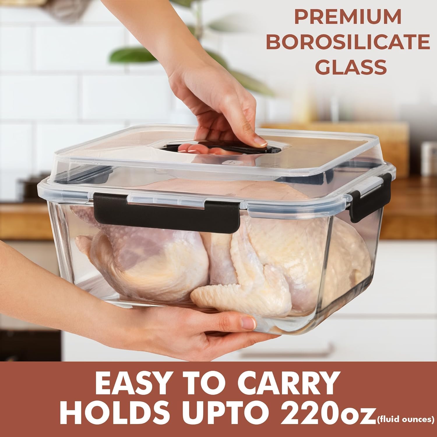 Razab 6500ml / 220 Oz / 28 Cups Extra Large Glass Food Storage Containers with Lids - Leakproof Glass Meal Prep Containers with Locking Lids for Roasting & Storing Leftover - Microwave & Oven Safe