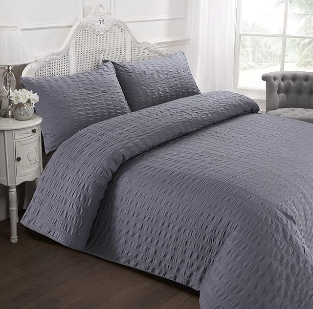 Luxury Puckering Seersucker Duvet Cover With Pillow Cases 100% Cotton Quilt Covers Pinch Pleat Bedding Sets Double King Super Sizes (Silver Grey, Double Duvet Cover Set)