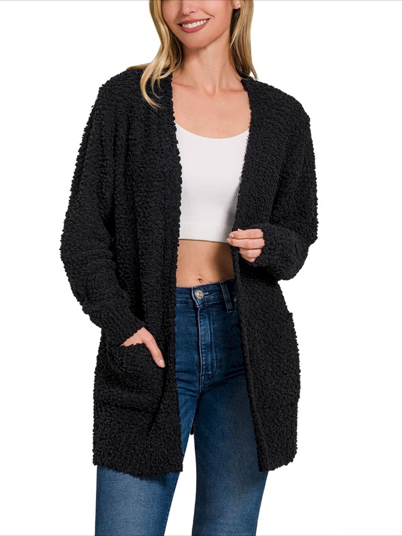 Womens Casual Cardigan Cozy Chunky Knit Open Front Black Textured Sweater Long Sleeve Fall Winter