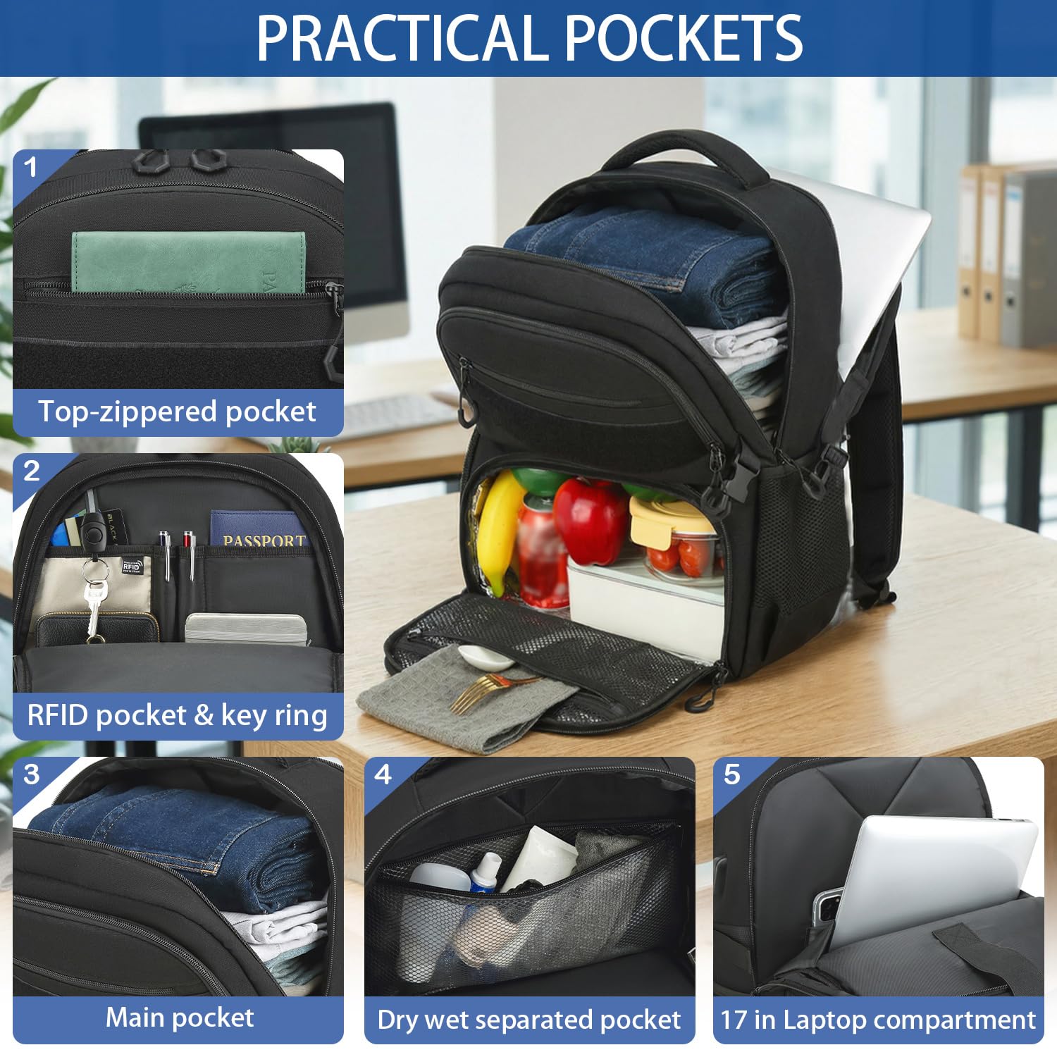 Sac à dos pour ordinateur portable 17" avec compartiment isotherme 40 l Sac à dos de travail pour homme | Sac à dos thermique imperméable pour randonnée, voyage, extérieur, cadeau pour homme/père