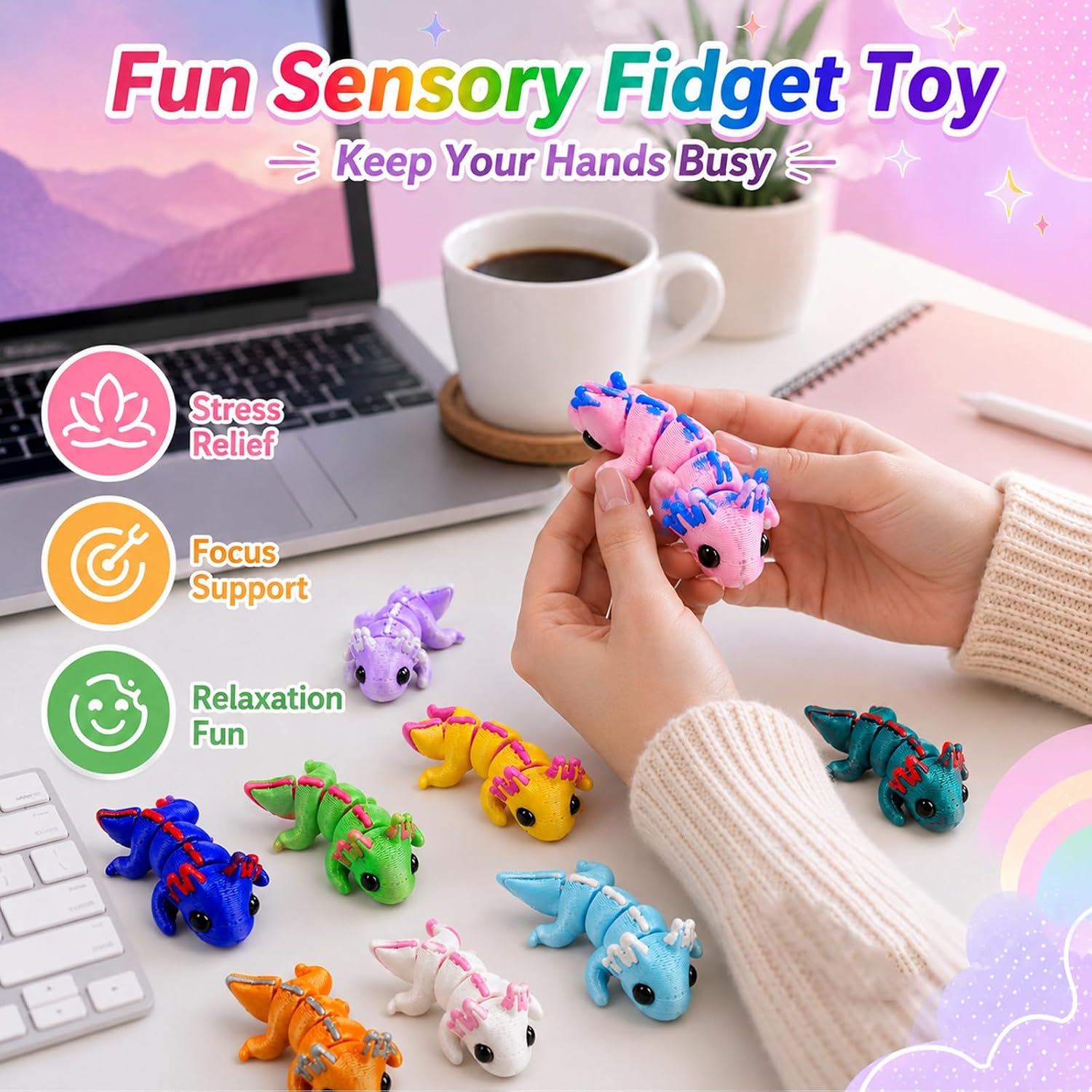 24 Pcs 3D Printed Axolotl Animals Toys, Bulk 3D Printed Fidget Toys for Axolotl Graduation Party Favors, Figurine Stress Relief Fidget Toys for Desk Decor