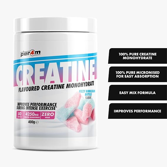 Per4m Creatine Powder | 80 Servings of Micronised Creatine Monohydrate | Performance & Strength | 8 Flavours (400g, Fizzy Bubblegum Bottles)
