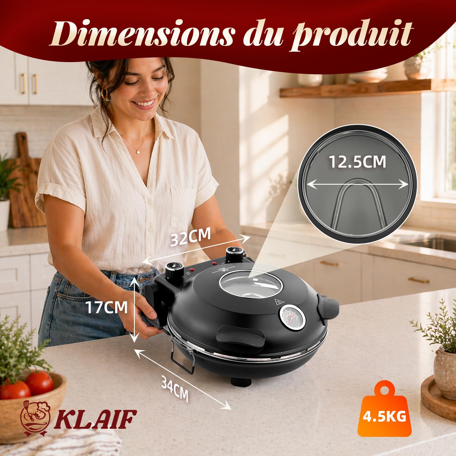 KLAIF Four à pizza électrique de comptoir avec pierre en céramique de 31 cm, deux commandes de température réglables et 4 outils à pizza inclus, LMR-Noir