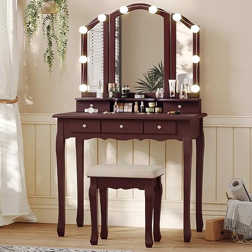 Tiptiper Vanity Desk, Makeup Vanity with Lighted Tri-Folding Mirror & Stool, Vanity Table Set with 10 LED Light Bulbs & 3 Color Lighting Modes, Makeup Table with 5 Storage Drawers, Brown