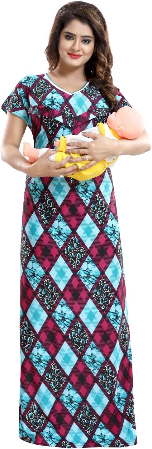 FabmeWomen's Satin Printed Maxi Maternity Night Dress (NW0189_Sea Green_Free Size_Sea Green_Free Size), 189-Sea Green, Free Size