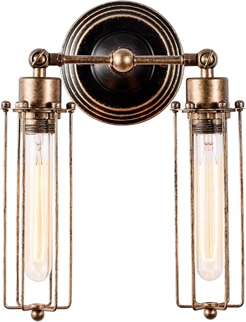 GLADFRESIT Vintage Wall Light Tube Bulbs Industrial Style Lighting Adjustable Socket Rustic Wire Metal Cage Sconces Wall Lamp Indoor Home Retro Lights Fixture (Oil Rubbed Bronze) (2 Lights)