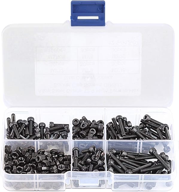 300Pcs M3 Alloy Steel Hex Socket Head Cap Bolts Screws with Nuts Assortment Kit, Black Oxide Finish 12.9 Grade for Furniture Repairing Woodwork