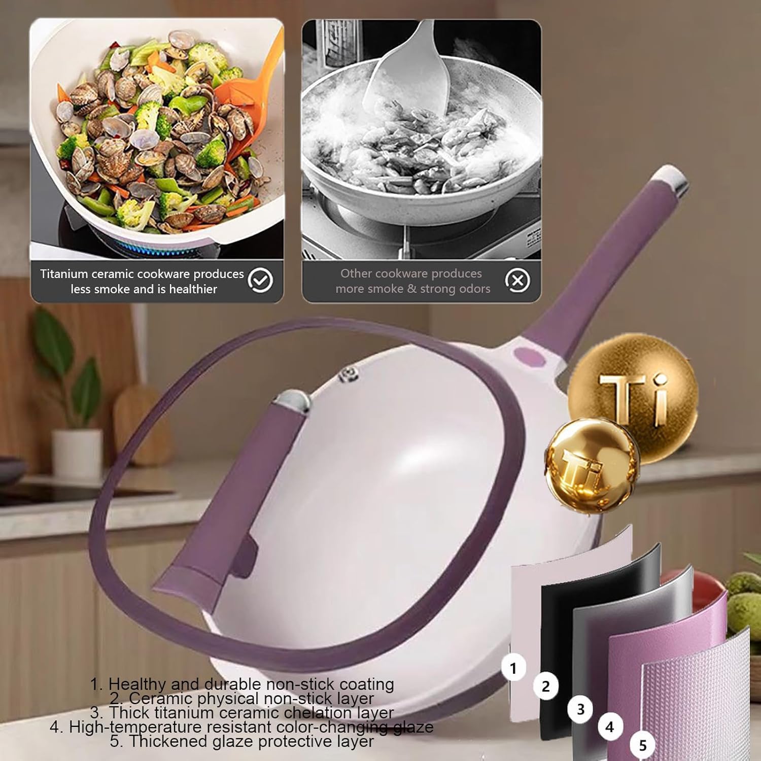 12 Inch Titanium Alloy NonStick Pot with Lid with Steamer, Purple Pots and Pans Set, Titanium Pans for Cooking, Multi-Purpose Deep for Cooking Frying Stewing (Maroon)