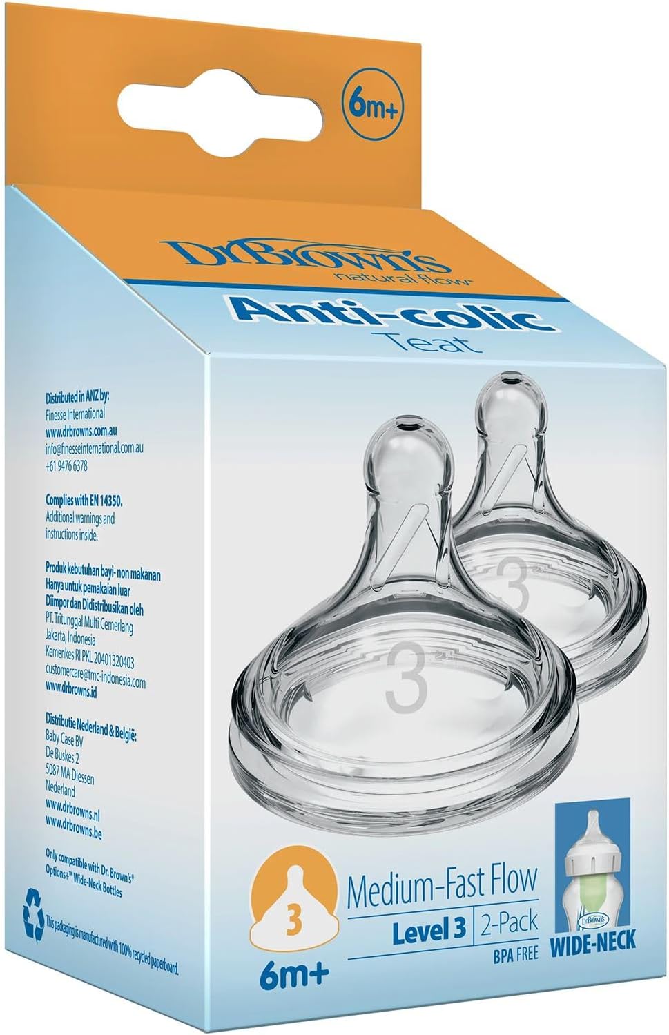 Dr. Brown's Options+ Wide-Neck Bottle Teat, Level 3 (6m+), 2 pack