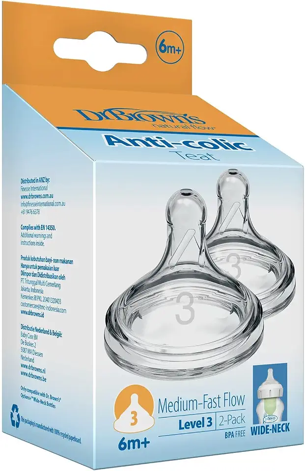 Dr. Brown's Options+ Wide-Neck Bottle Teat, Level 3 (6m+), 2 pack