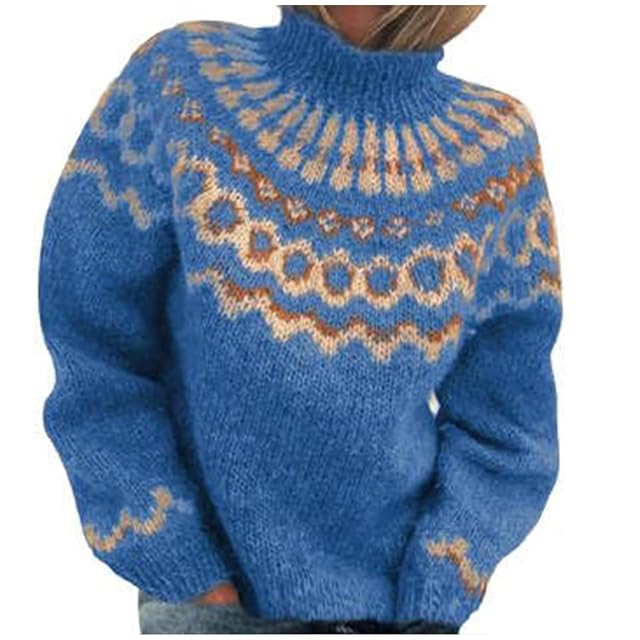 Fair Isle Sweater Women 2025 Casual Colorful Mock Neck Knitted Sweater Chunky Long Sleeves Cropped Pullover Tops