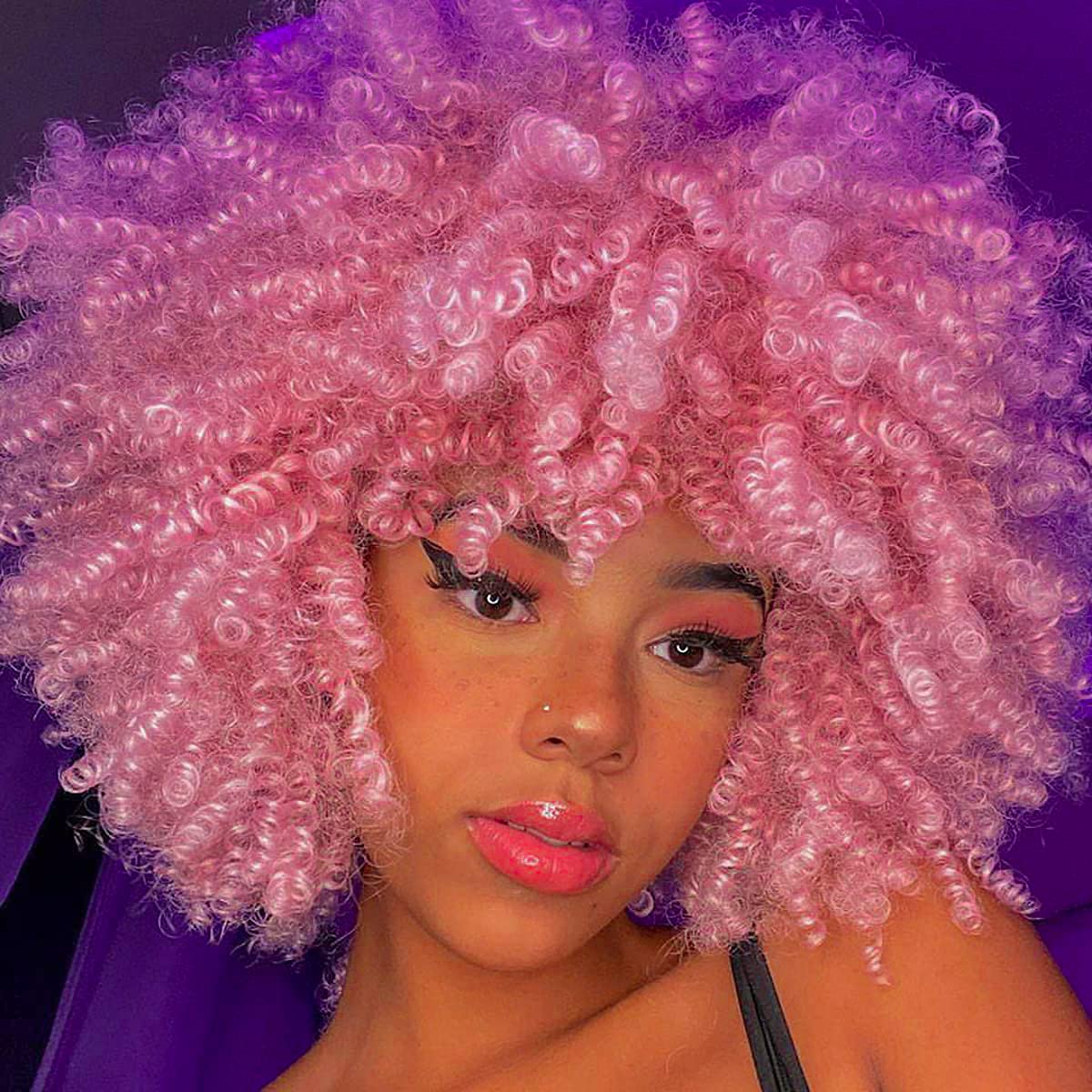 Curly Wig with Bangs for Black Women Short Kinky Curly Wig 14inch Afro Hair Halloween Party Christmas Cosplay Wigs (Pink) - Image 7