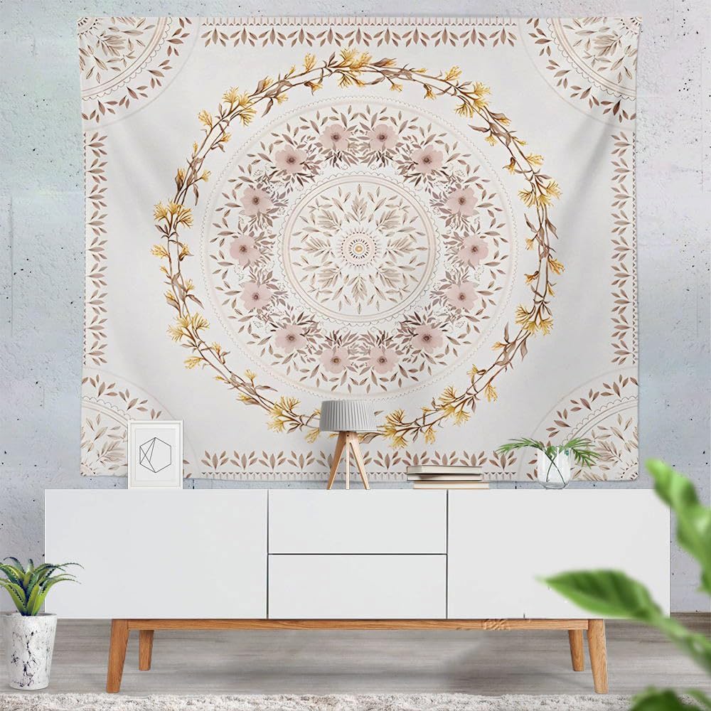 Orange Bohemian Tapestry Wall Hanging, Mandala Floral Medallion Hippie Tapestry with Light Brown Aesthetic Wreath Design, Cream Wall Decor Blanket for Bedroom Home Dorm