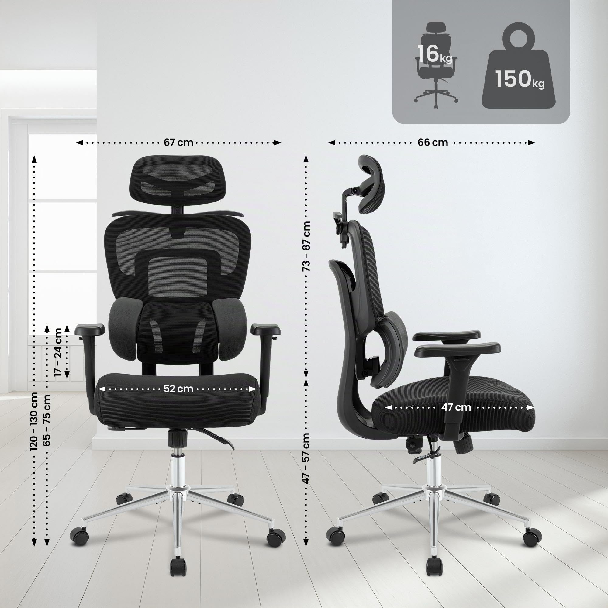 CLP Sedia ergonomica con poggiatesta Lothenda, regolabile in altezza con supporto lombare, braccioli 3D, sedia girevole fino a 150 kg Colore:nero