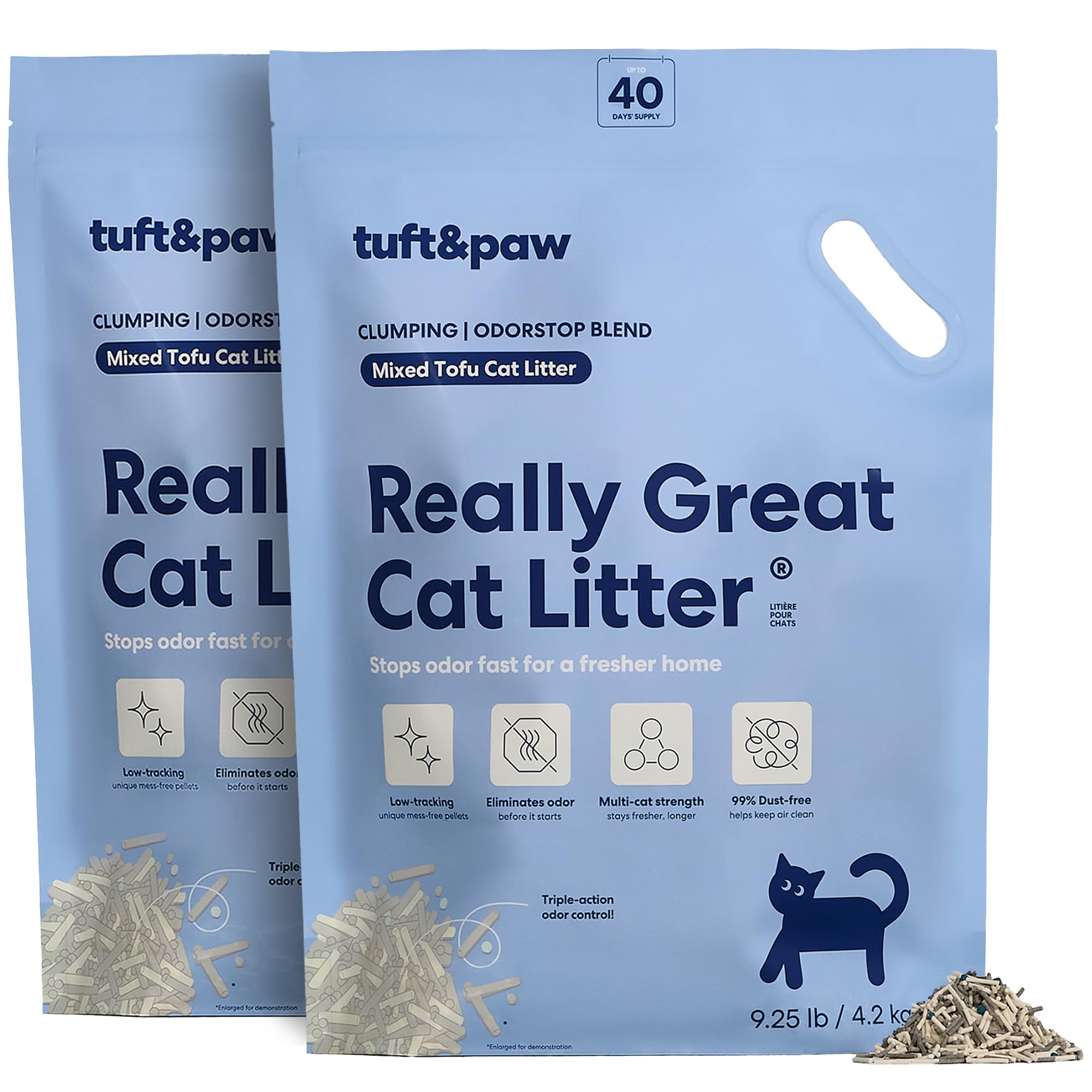 Photo 1 of Tuft & Paw Really Great Cat Litter OdorStop, Low Tracking Mixed Tofu Cat Litter, Clumping, Multi-cat, Odor Control, Dust-Free - 9.25lbs x 2Bags (OdorStop)