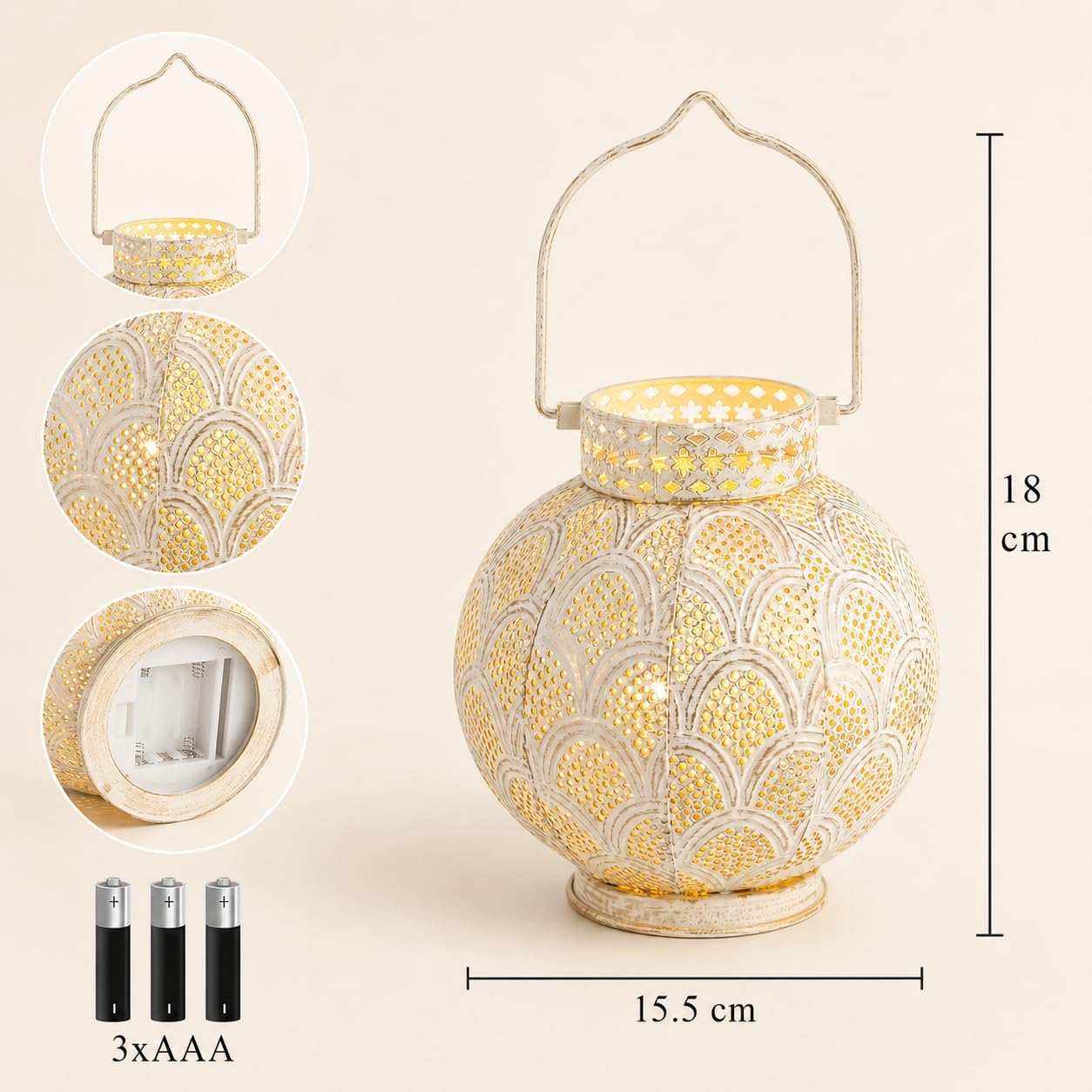 TRIROCKS Set of 2 Moroccan Style Metal Table Lamp 7'' High Battery Powered Cordless Lamp with LED Fairy Lights Bulb Perfect for Home Living Room Parties Tabletop Indoors (Cream)