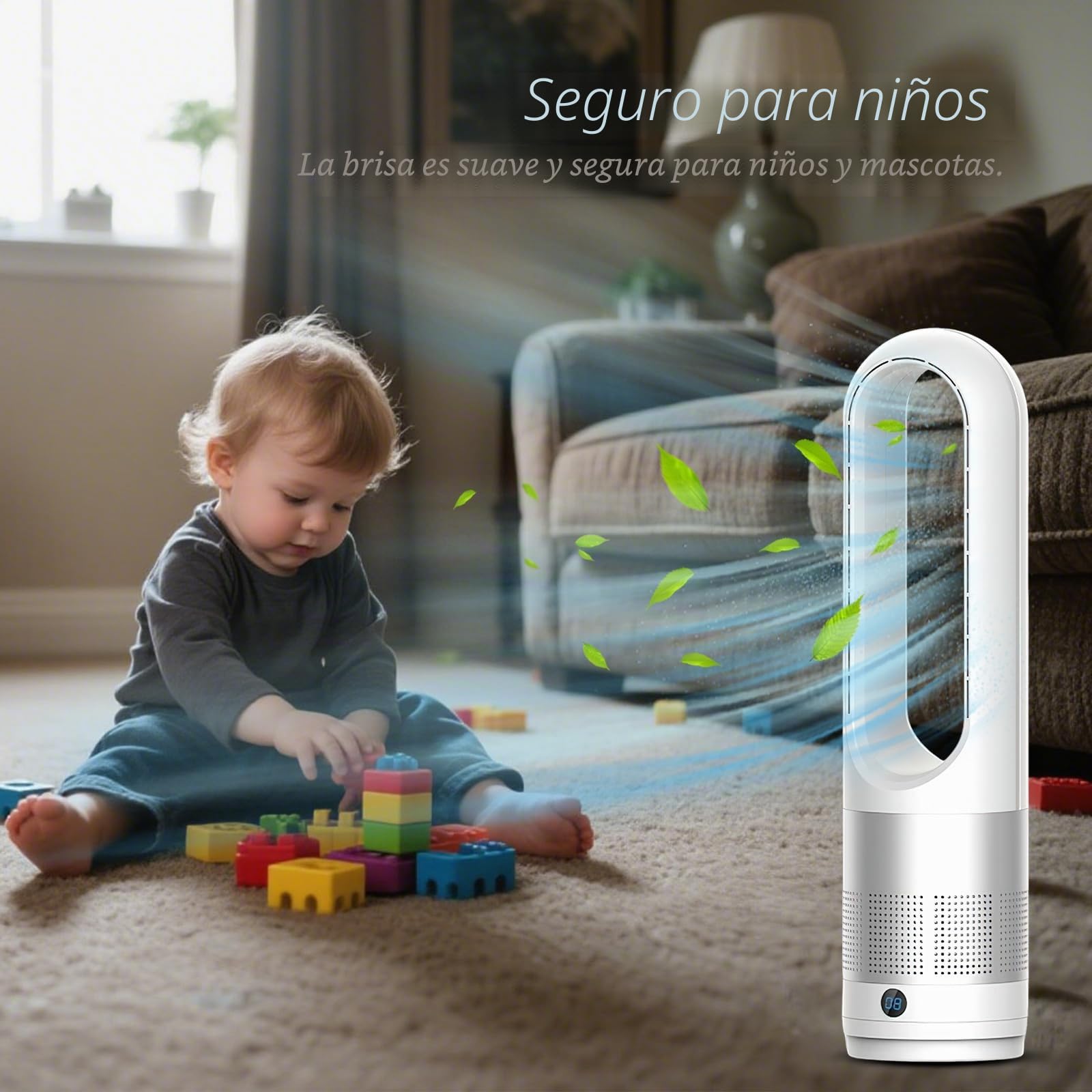 Ventilador de torre silencioso sin aspas – 8 niveles + modo Boost, oscilación de 90°, mando a distancia de 5 m, pantalla táctil LED, funcionamiento silencioso ≤ 50 dB, temporizador 8 h para