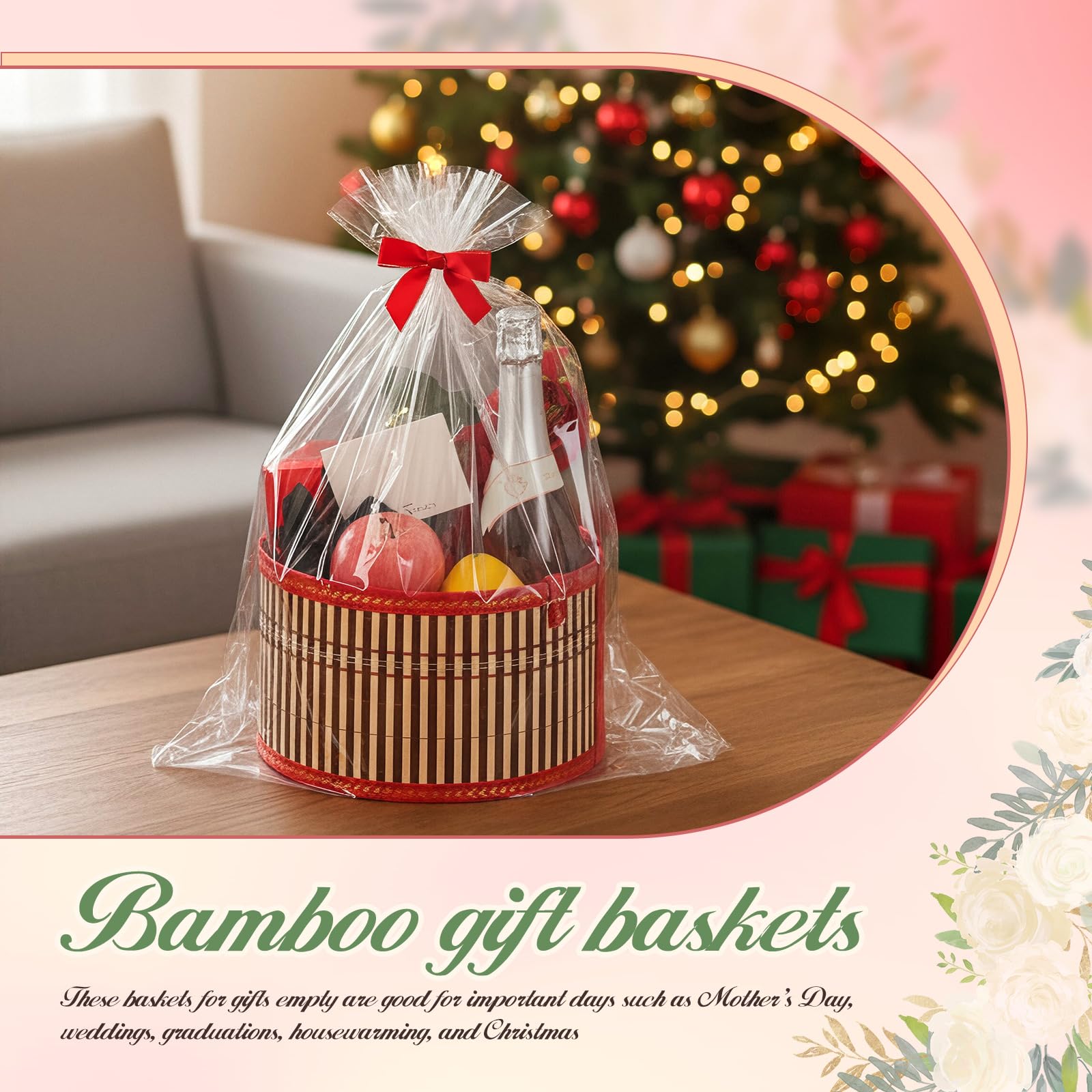 Weysat Geschenkkörbe für Geschenke, leer, stabil, groß, gewebter Bambus-Geschenkkorb-Set mit Griff, Wickeltasche, Schleife, Karte zum Befüllen für Weihnachten, Einweihungsparty, Babyparty, Geburtstag