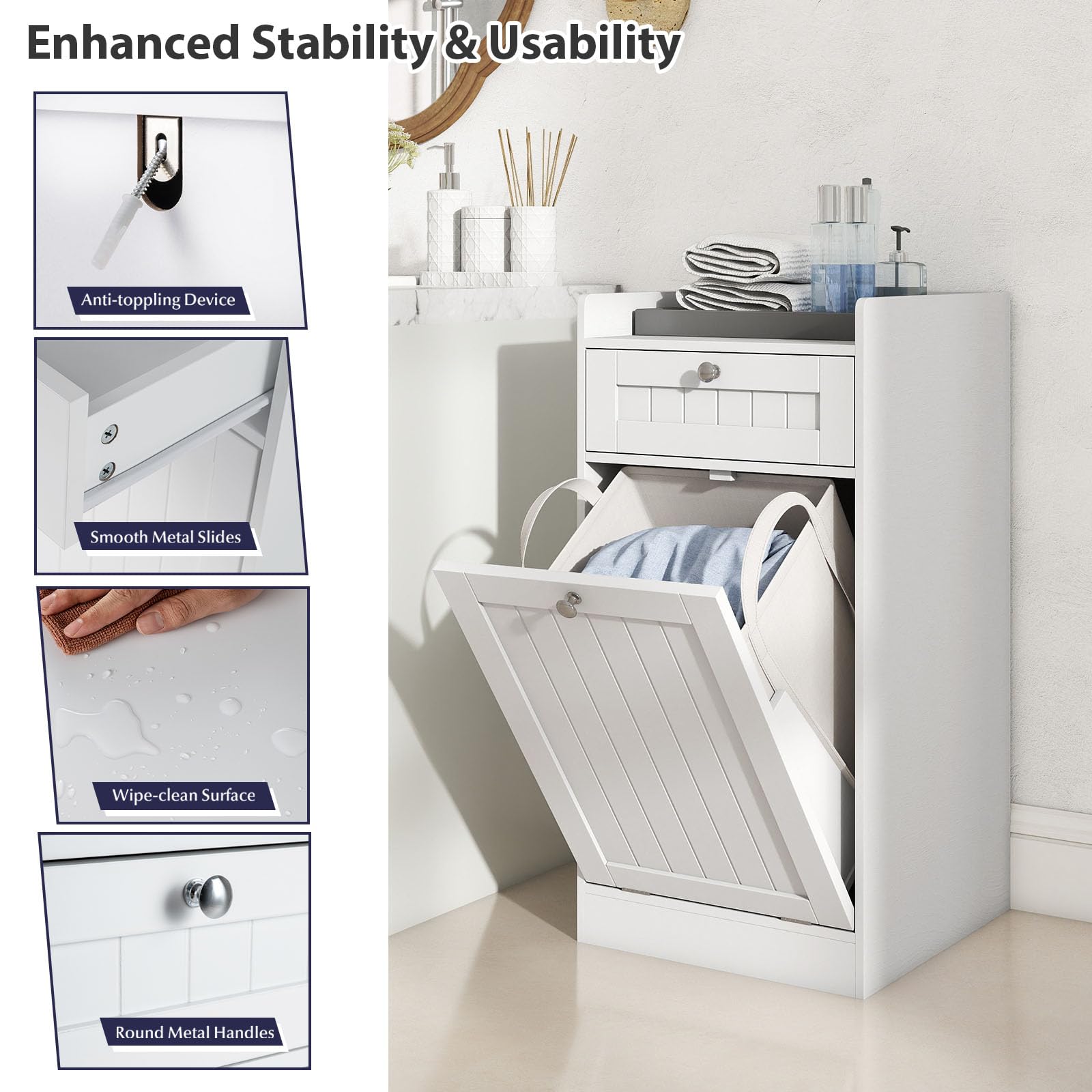 LIFEZEAL Cesto Biancheria Sporca a 1 Scomparto, Bianco, con Sacco Rimovibile, Cassetto, Piano Portaoggetti, Mobile Portabiancheria, Cestino Estraibile, per Lavanderia, Bagno, 40,5x40x80cm