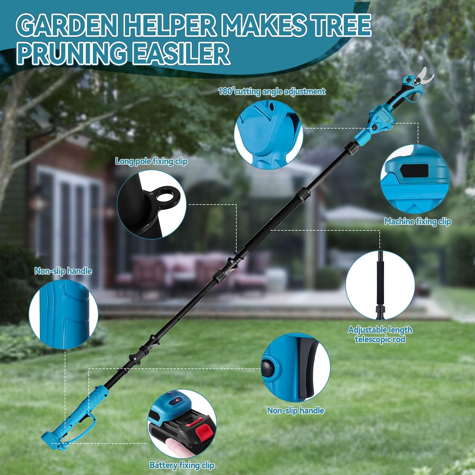 Coupe-branches électrique 2 en 1 avec batterie, 70 mm, avec 2 piles de 3000 mAh, rallonge de 2 m, moteur sans balais pour élagage d'arbres, coupe-branches