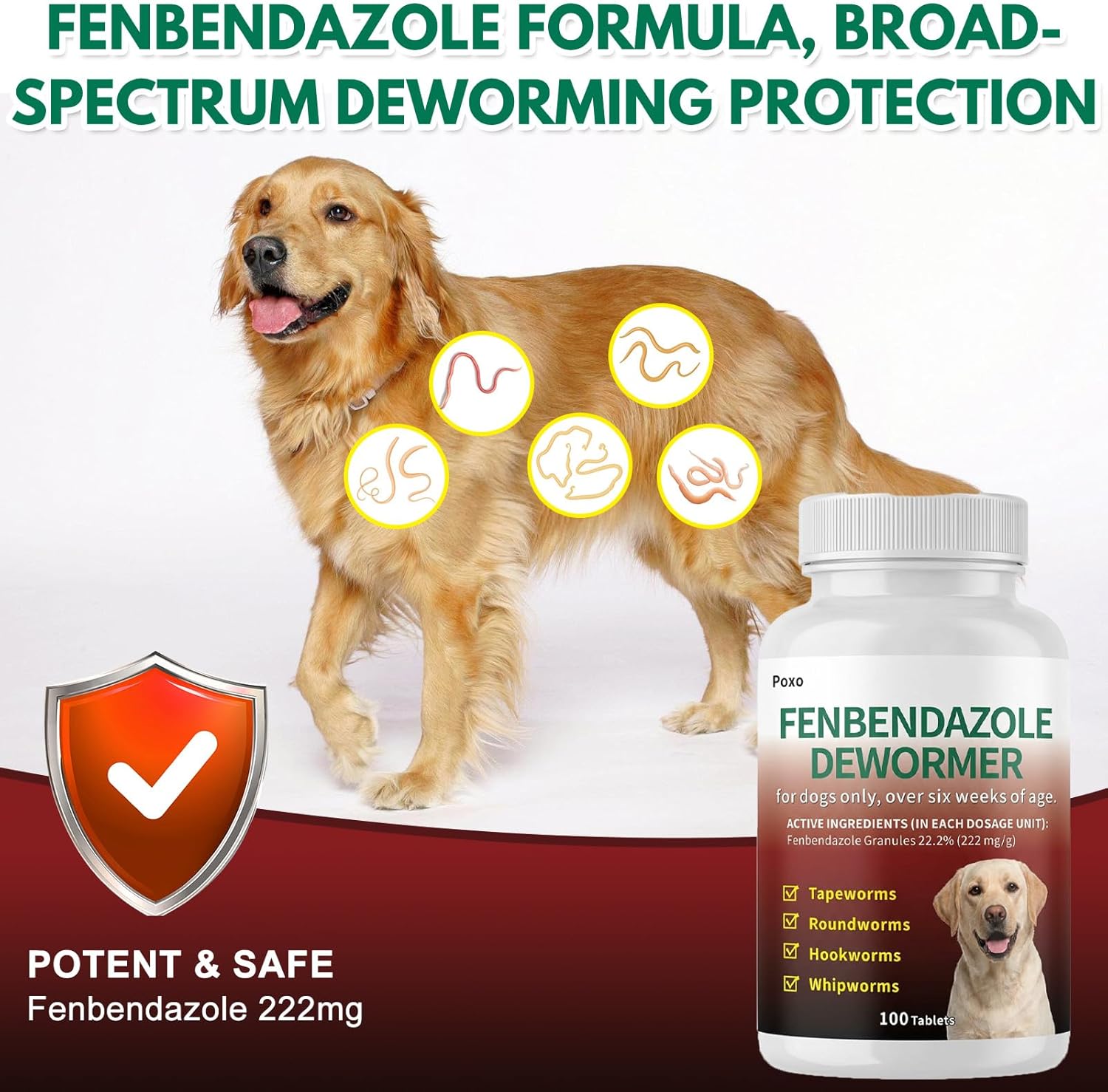 Dog Dewormer with Fenbendazole for Dogs, Broad-Spectrum, Safe for Puppies 6 Weeks & Older, 100 Tablets