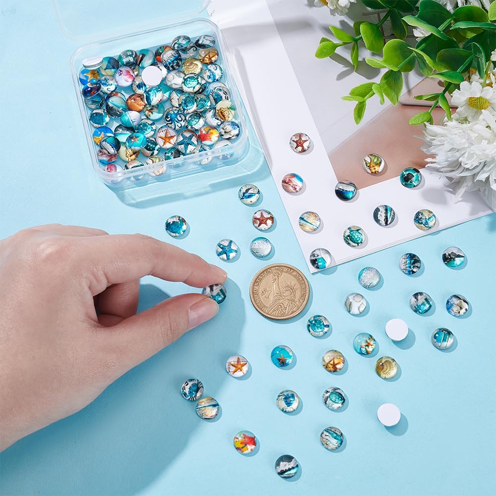 PH PandaHall 100pcs 10mm Ocean Theme Glass Cabochons, 50 Styles Starfish Shell Printed Glass Cabochons Round Flat Back Dome Cabochons Mosaic Tiles for Pendant Earring Necklace Jewelry Making