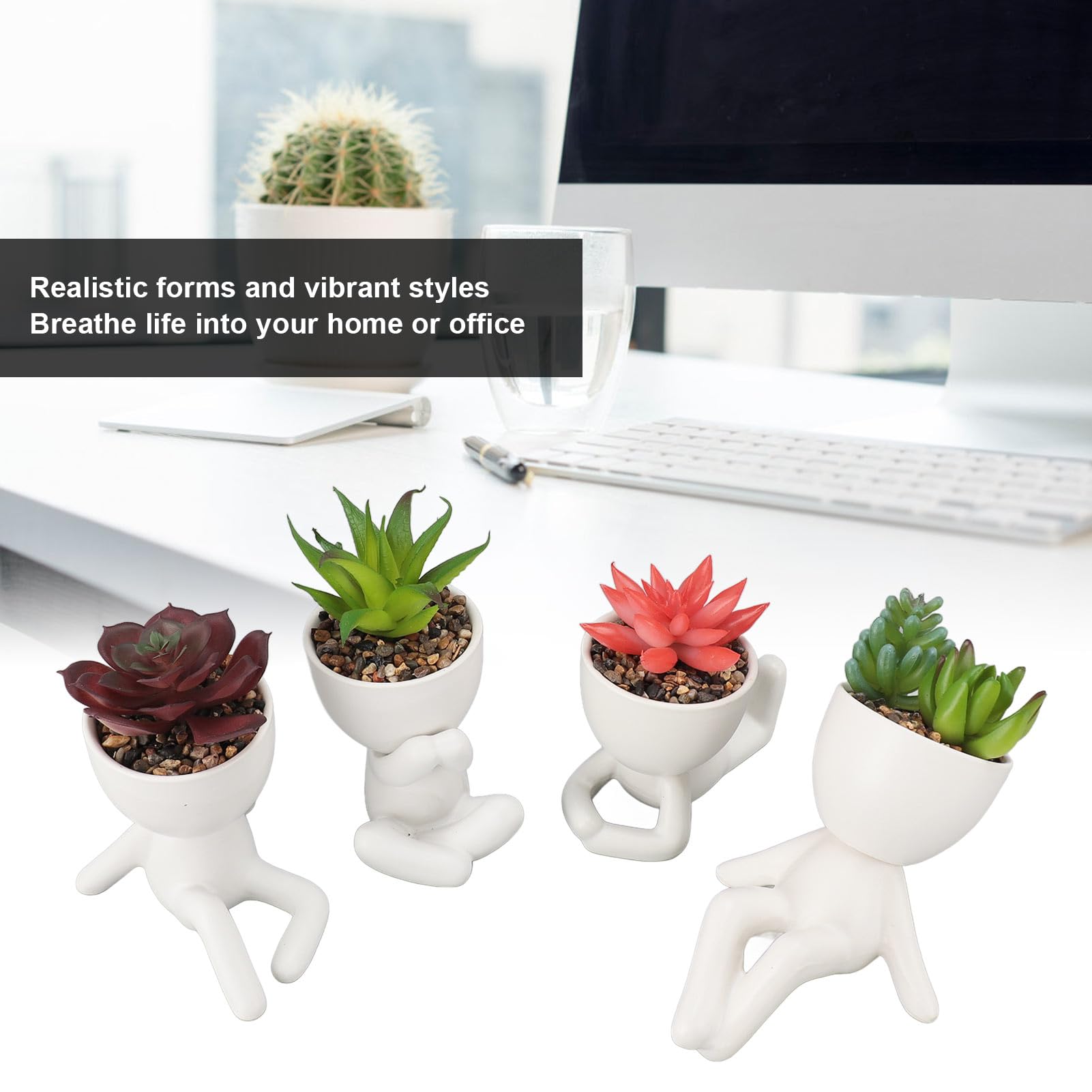 TOPINCN Set di 4 Piante Succulente Artificiali, Vasi Succulenti Finti in Ceramica con Disegni a Forma Umana per la Decorazione della Mensola del Soggiorno Dell'ufficio